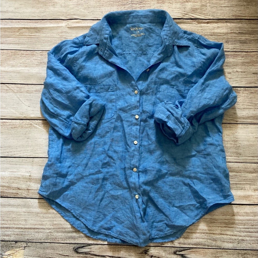 Lilly Pulitzer Sea View Linen Button Down Top M Blue EUC - Picture 3 of 5